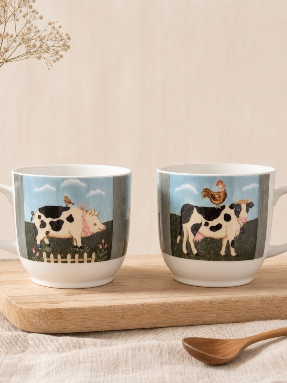 VTG Farmhouse Folk Art Ceramic Mug Made in Japan Pig & Cow